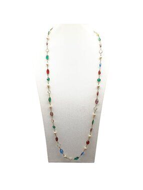 Vintage Multi-Colored Crystal Bezel and Faux Pearl Gold-Tone Long Necklace